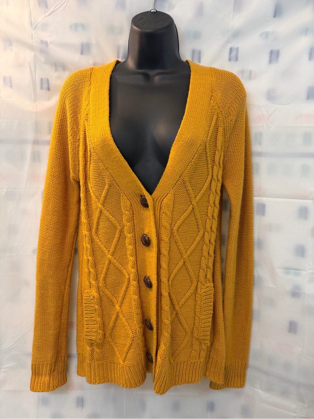 Forever 21 Mustard Cable Knit Button-Front Cardigan